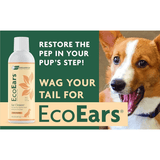 EcoEars dog ear cleaner bottle with a dog and promotional text on a green background