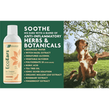 EcoEars dog ear cleaner product with ingredients list and a dog outdoors.