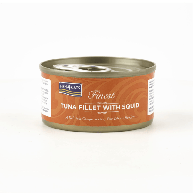 Can of Fish 4 Cats Finest Tuna Fillet with Squid on a white background
