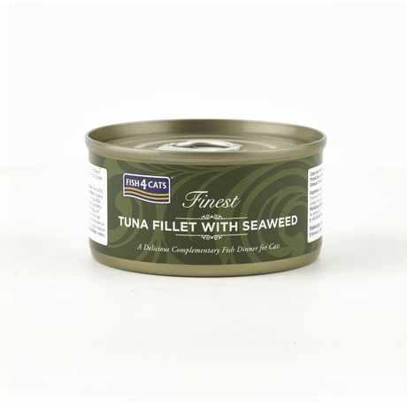 Can of Fish 4 Cats Finest Tuna Fillet with Seaweed on a white background