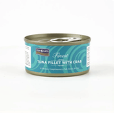 Can of Fish4Cats Finest Tuna Fillet with Crab on a white background