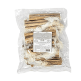 Packaged product labeled 'Furry Rabbit Strips' with dried rabbit skin inside on a white background