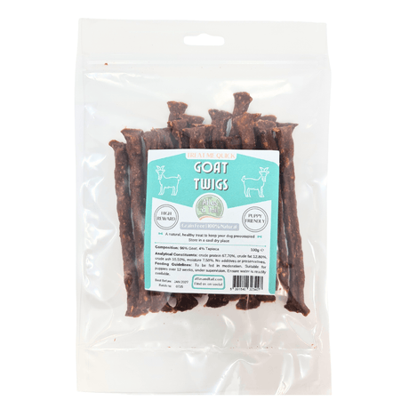 Packaged goat twigs with a label on a white background