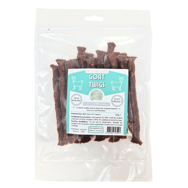 Packaged goat twigs with a label on a white background