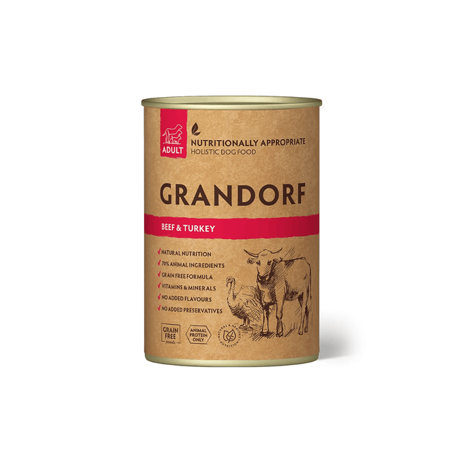 Grandorf beef and turkey dog food can on a white background