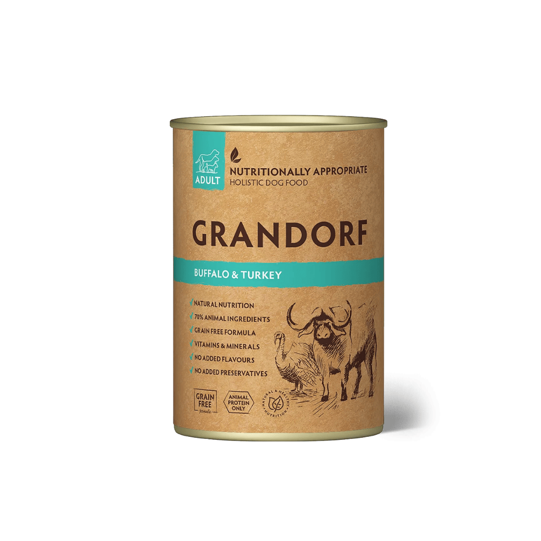 Grandorf Buffalo and Turkey dog food can with brown and teal packaging on a white background