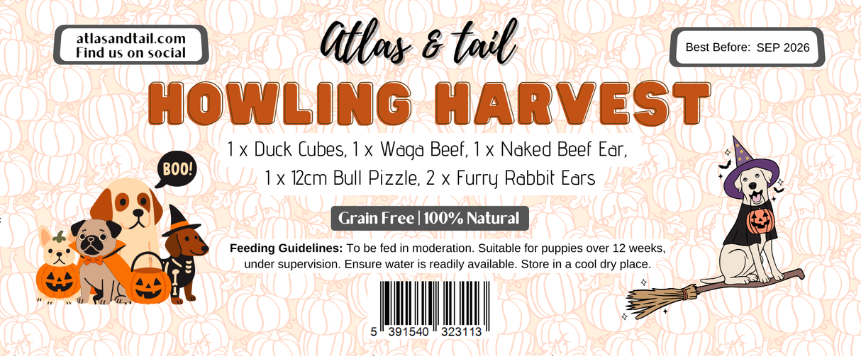 Atlas and Tail Howling Harvest Treat Box Label