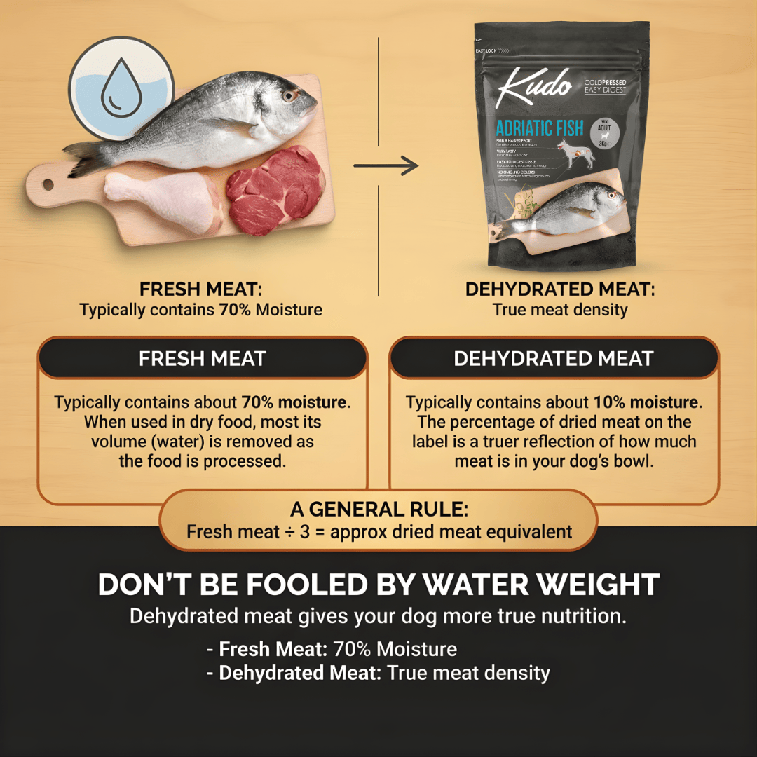 Comparison chart between fresh meat and dehydrated meat with Kudo Adriatic Fish packaging.