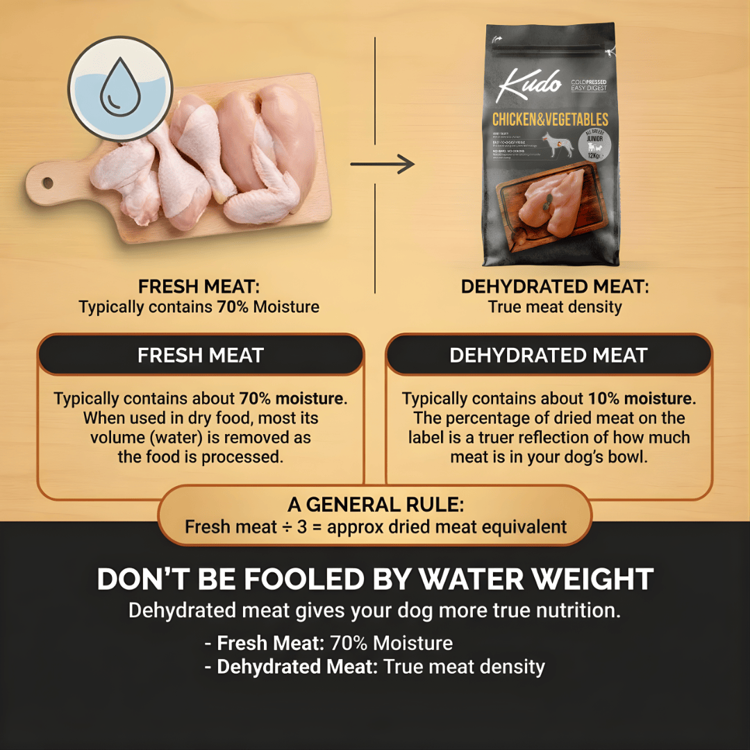 Comparison chart between fresh and dehydrated meat with Kudo brand packaging.
