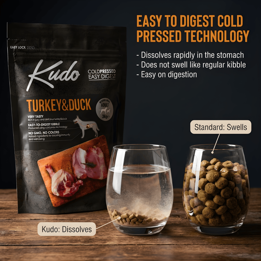 Kudo Turkey & Duck cold pressed dog food package with two glasses, one with water and standard kibble, and one with water  and cold pressed food, on a wooden surface.