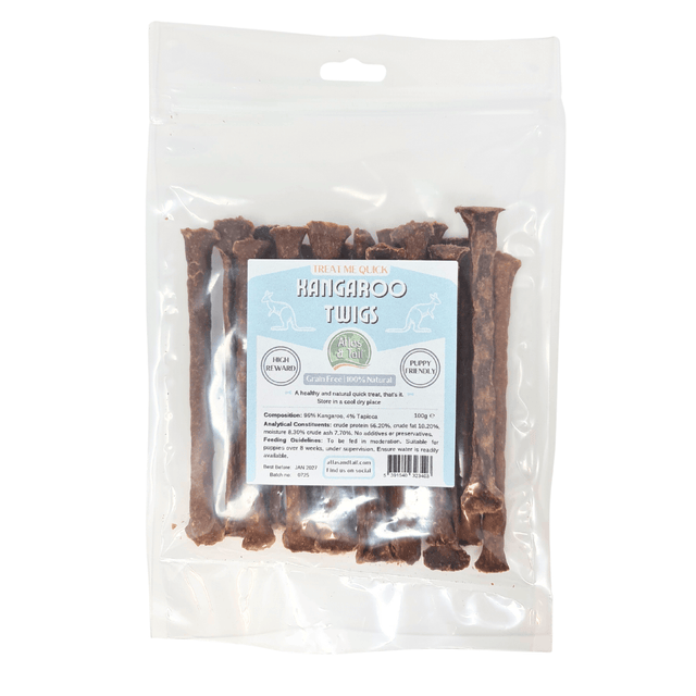 Packaged kangaroo twig dog treats with a label on a white background