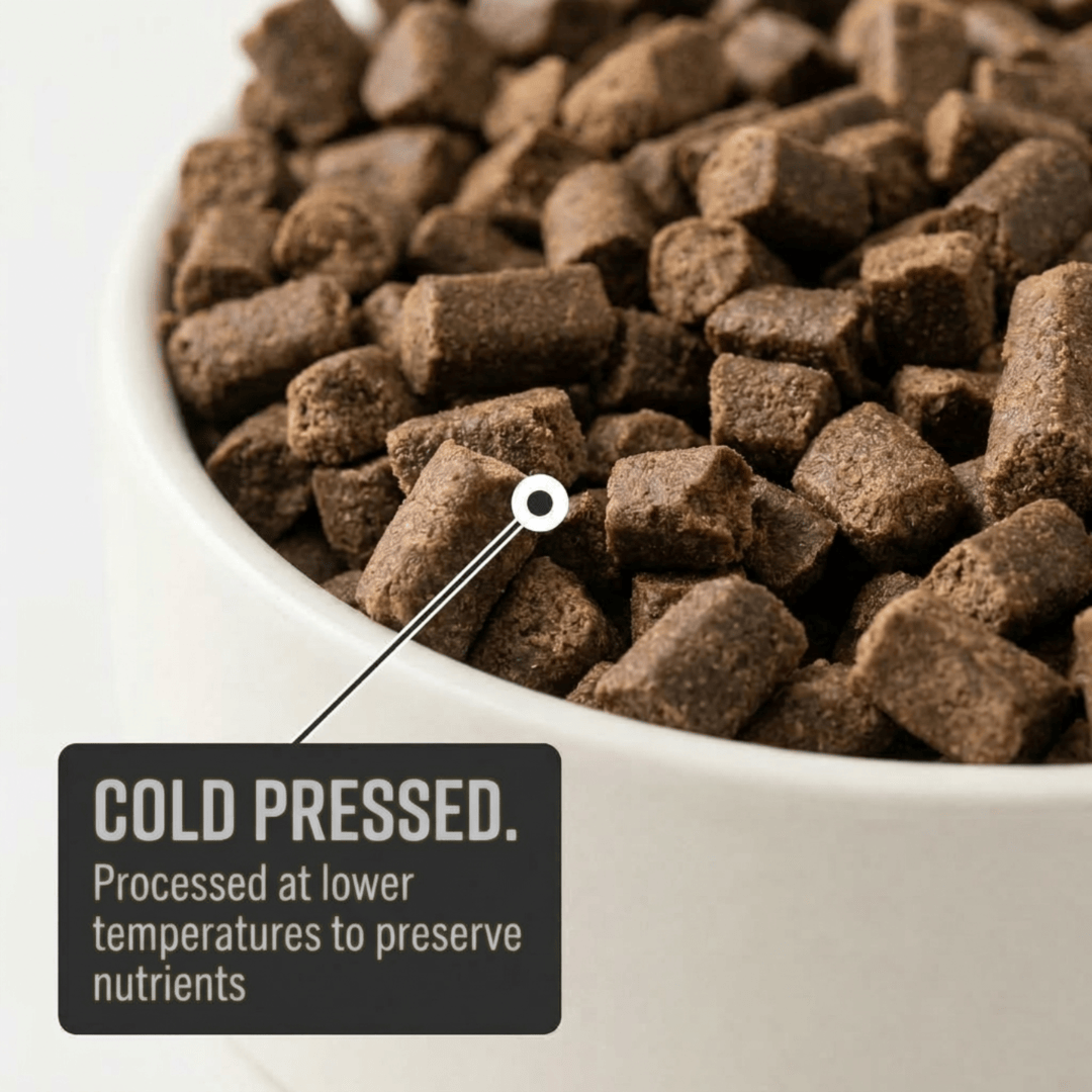 Close-up of a bowl filled with Kudo cold pressed pet food, with text indicating processing details.