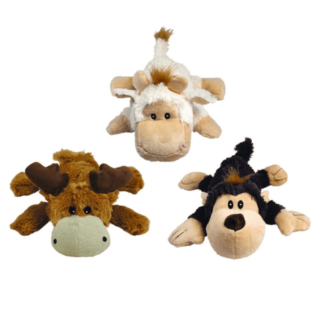 Three Kong Cozies plush toys resembling a moose, cow, and bear on a white background