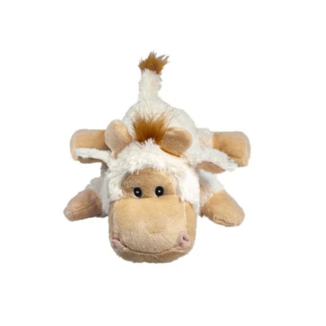 Kong Cozies Plush toy cow with a white face and brown body on a white background