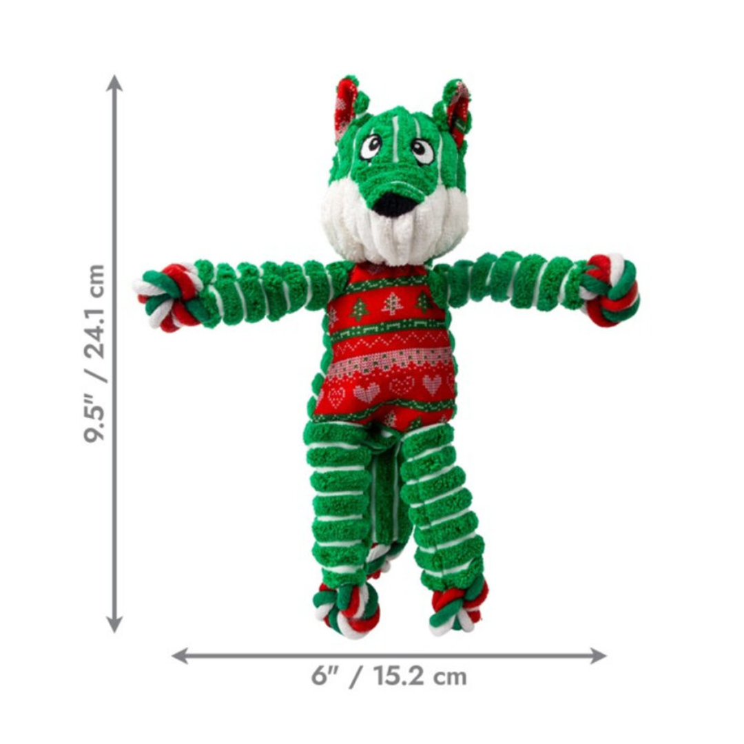 Green plush toy with red accents and dimensions on a white background