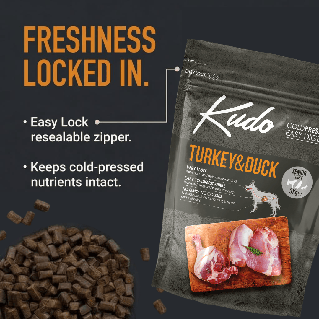 Kudo Turkey & Duck pet food package with text highlighting freshness features on a dark background