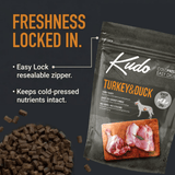Kudo Turkey & Duck pet food package with text highlighting freshness features on a dark background