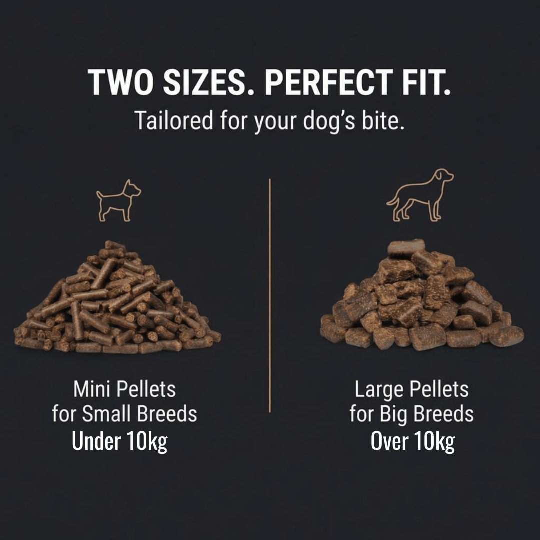 Kudo cold pressed Dog food for small and large breeds on a black background with text.