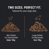 Kudo cold pressed Dog food for small and large breeds on a black background with text.
