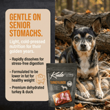 Dog sitting on a blanket in the woods with Kudo pet food beside them and text about it being gentle on senior stomachs.