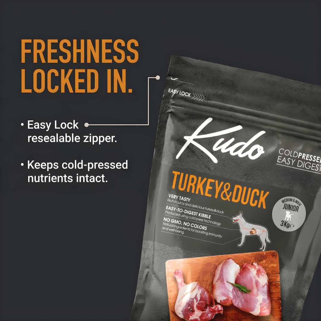 Kudo Turkey & Duck cold pressed dog food with a resealable bag.