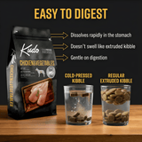 Kudo Chicken & Vegetables dog food package with comparison of cold-pressed kibble and regular extruded kibble