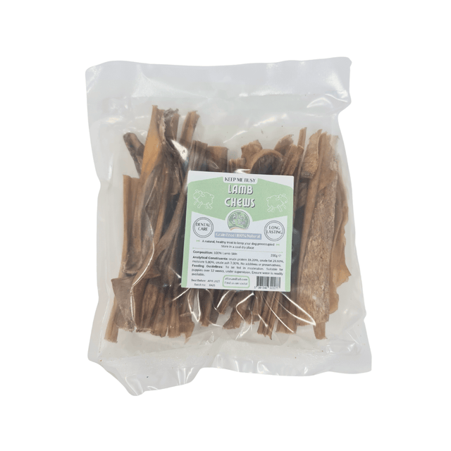 Bag of lamb chews with a label on a white background