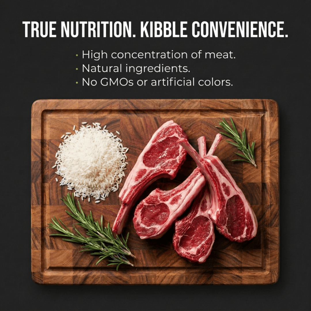 Raw Lamb meat on a wooden cutting board with rice and herbs with text about true nutrition and kibble convenience.
