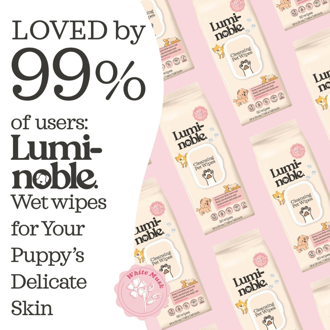 Luminoble wet wipes for puppies on a pink background with text about user satisfaction.