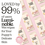 Luminoble wet wipes for puppies on a pink background with text about user satisfaction.