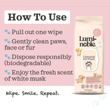 Luminoble cleansing pet wipes packaging with usage instructions on a pink background