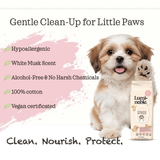 Dog with a product packaging labeled 'Luminoble' on a white background with text about product features.
