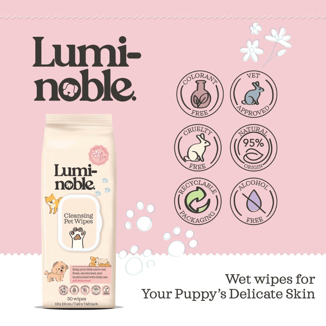 Luminoble pet wipes packaging on a pink background with brand name and product description.