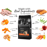 Ingredients around a bag of Barkin Bistro Chicken Cold Pressed dog food.
