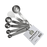 Set of silver measuring spoons with the measurements etched on, laying a white background