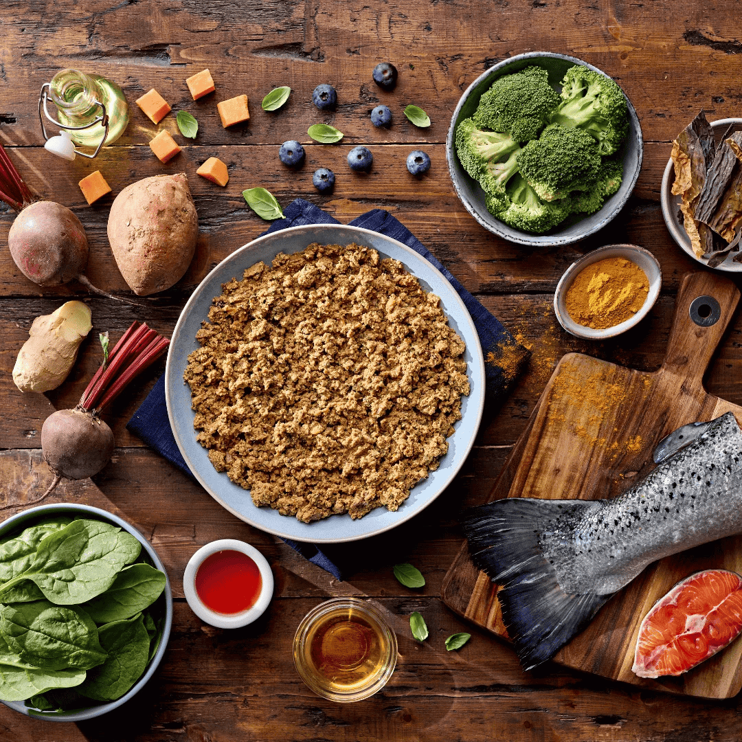 Assorted healthy foods including a bowl of Naturo Superfood Salmon Dog Food, vegetables, and fish on a wooden table.