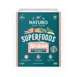 A box of Naturo Superfoods 70% Salmon dog food, featuring a teal and pink design with illustrations of salmon, sweet potato, spinach, and blueberries on a white background.