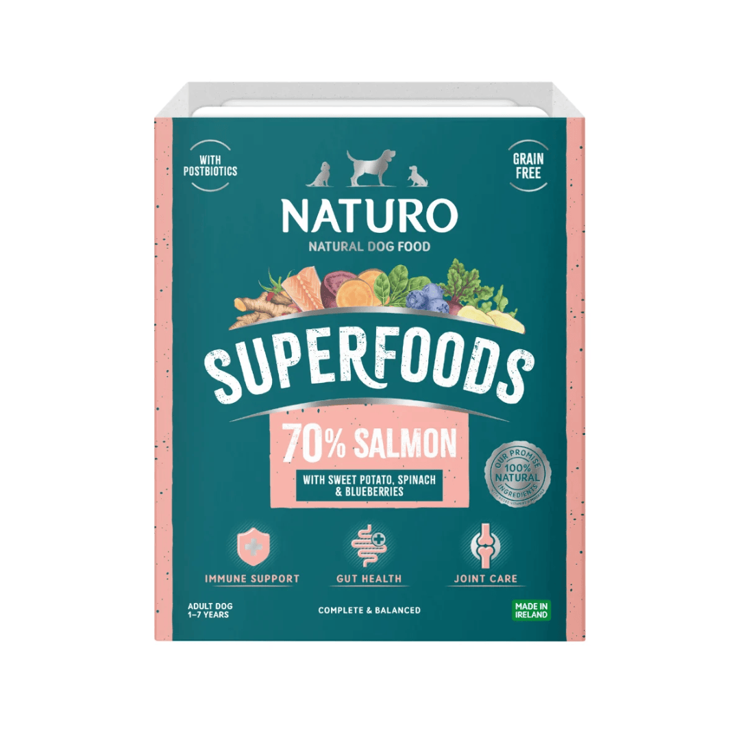 A box of Naturo Superfoods 70% Salmon dog food, featuring a teal and pink design with illustrations of salmon, sweet potato, spinach, and blueberries on a white background.