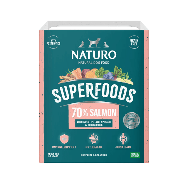 A box of Naturo Superfoods 70% Salmon dog food, featuring a teal and pink design with illustrations of salmon, sweet potato, spinach, and blueberries on a white background.