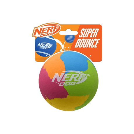 A multicolor Nerf Dog Super Bounce rubber ball with its retail blister packaging on a plain white background.