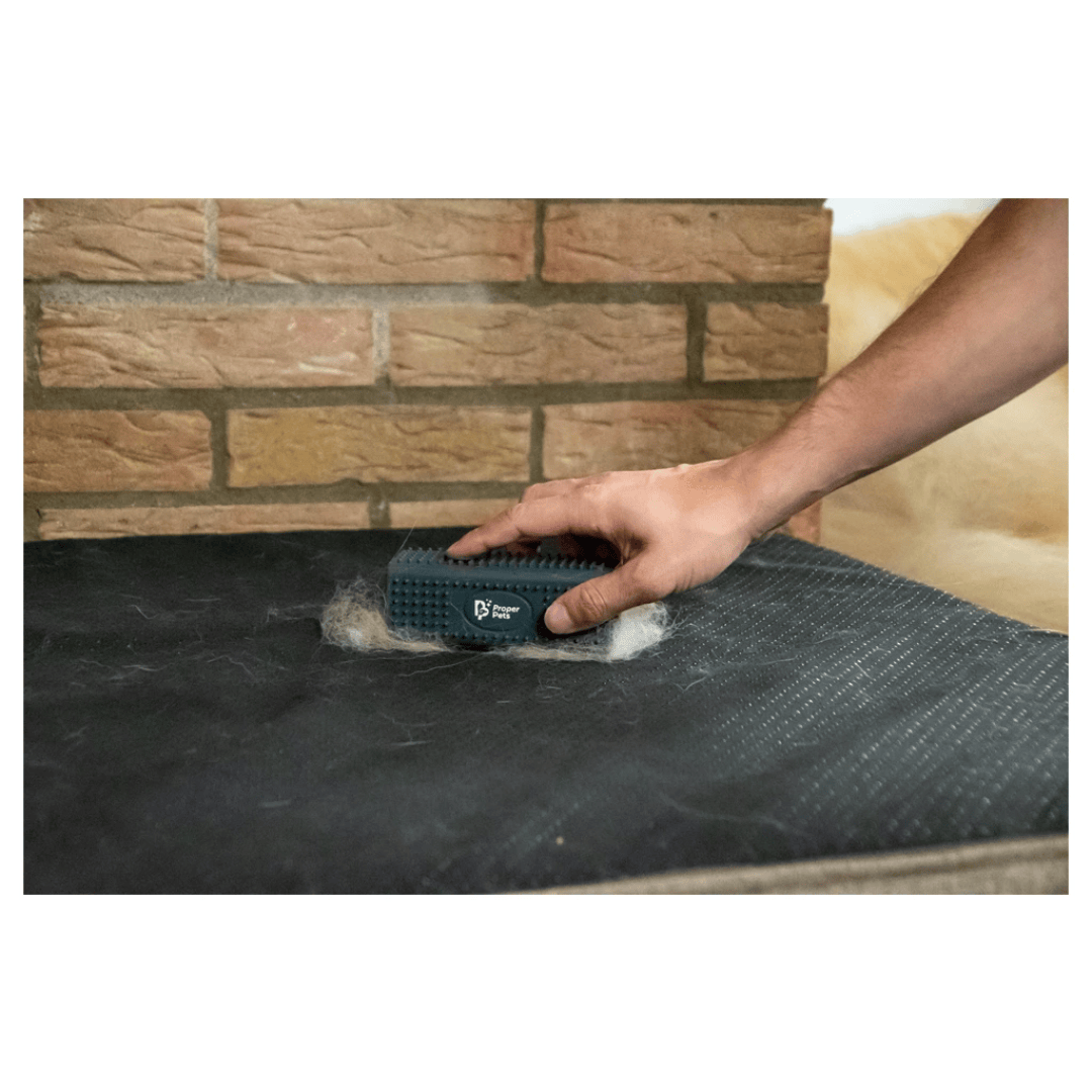 A human hand is using the proper pets hair removing brush to remove loose fur from a dog bed.