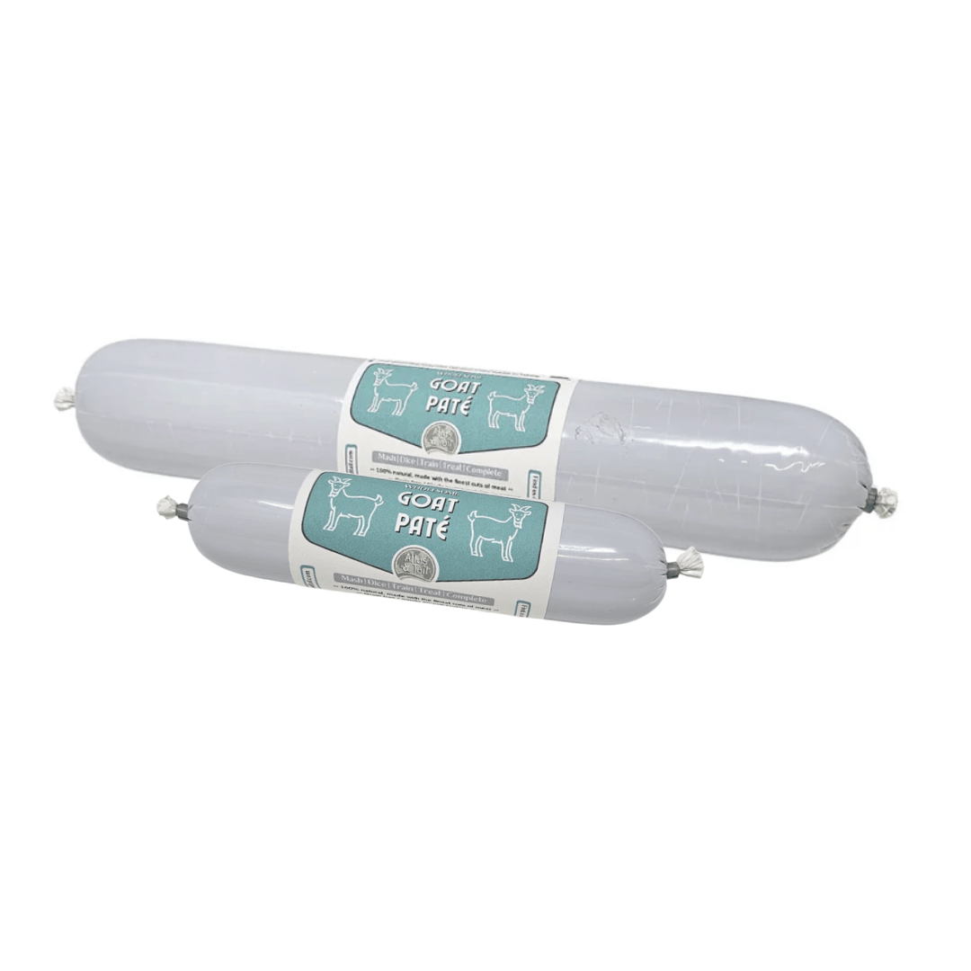 Two sized packages of goat pate on a white background