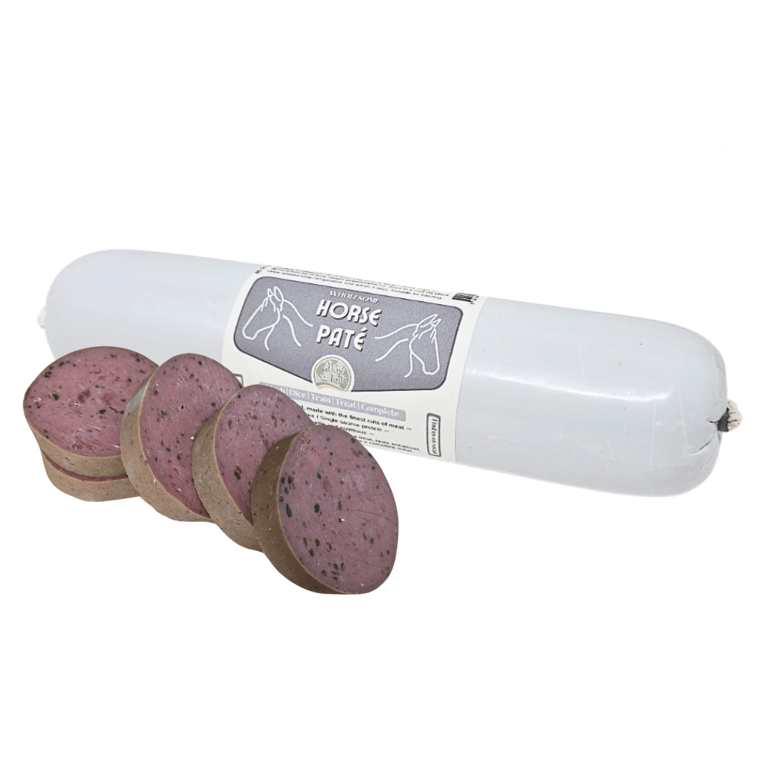 Horse pate 800g with sliced portions on a white background