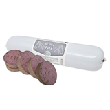 Horse pate 800g with sliced portions on a white background