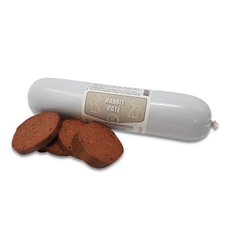 Rabbit pate 800g with sliced portions on a white background
