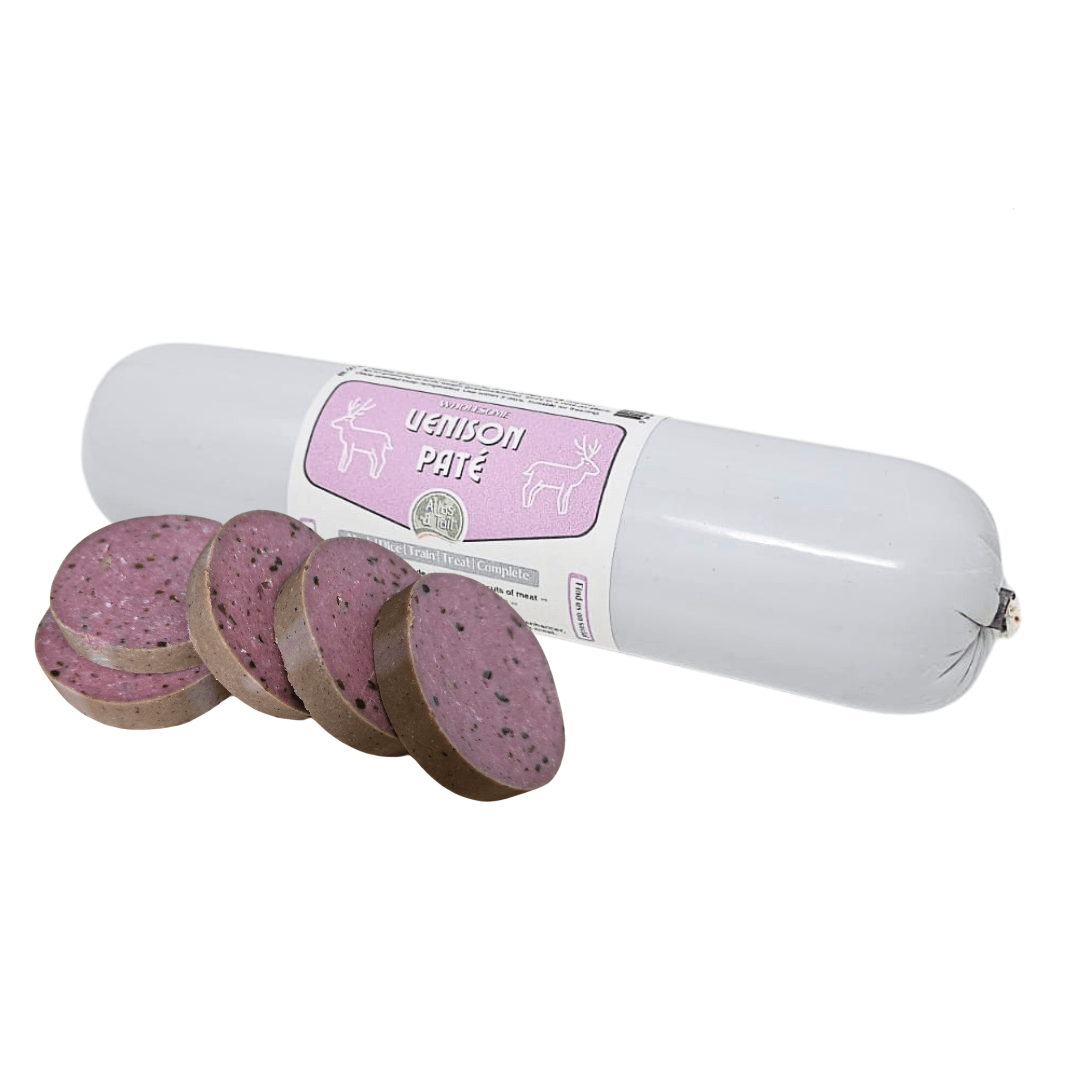 Venison pate 800g with sliced portions on a white background