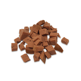 Chopped salmon pate pieces on a white background