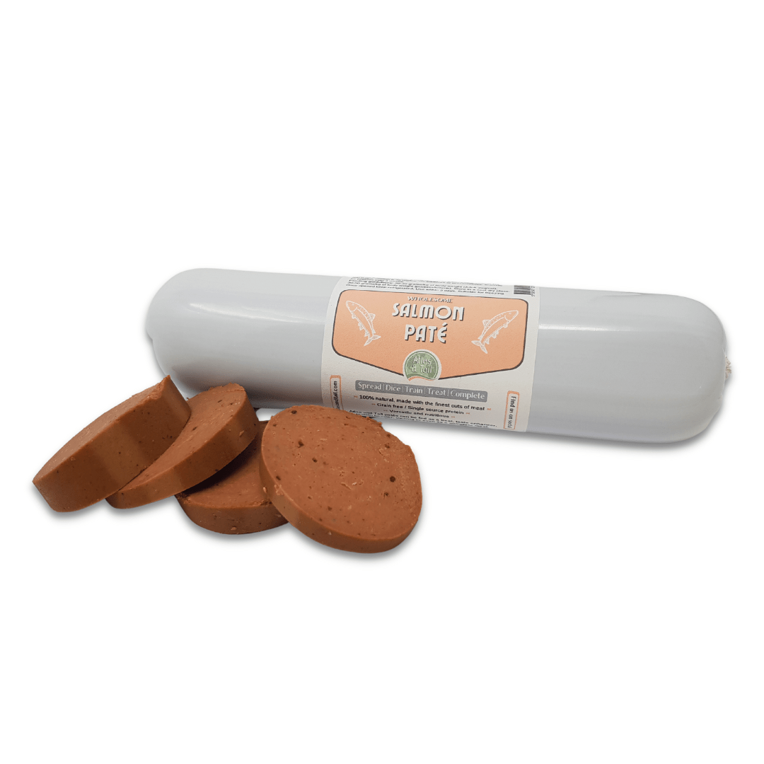 Salmon pate 800g with sliced portions on a white background