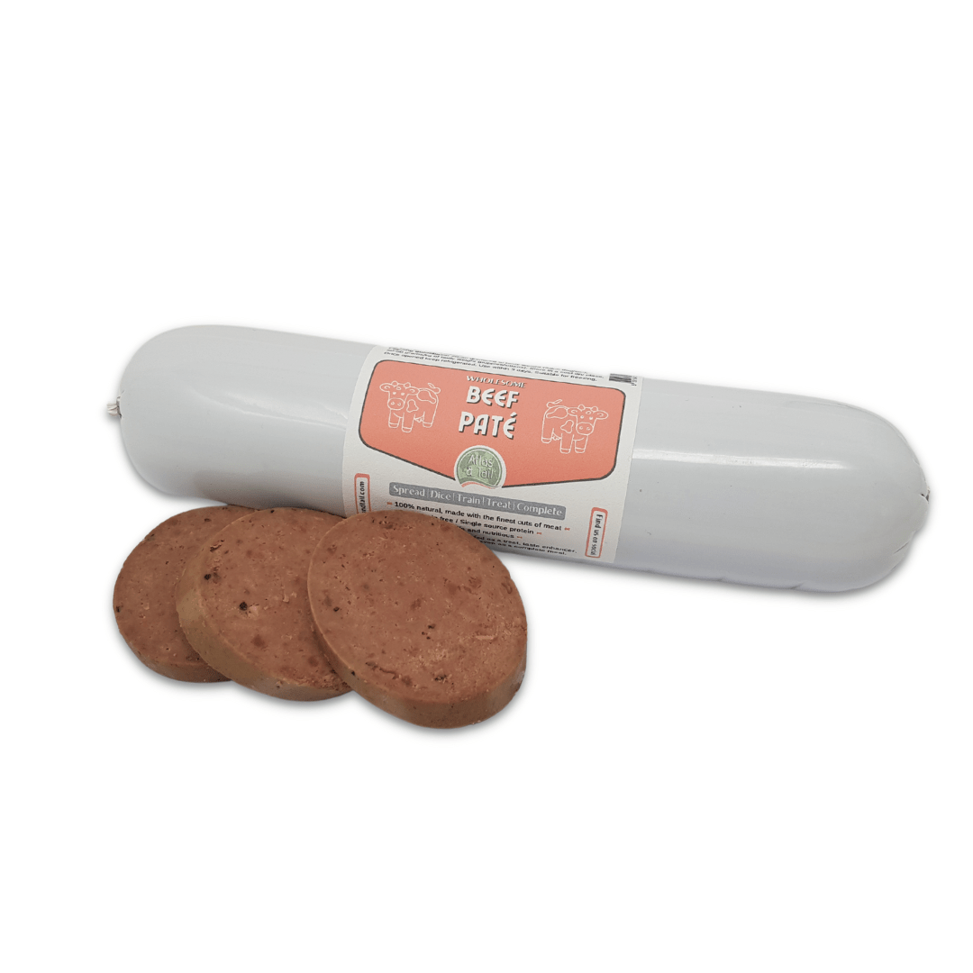 Beef pate 800g with sliced portions on a white background