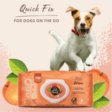Dog wipes packaging with a dog on the go text and peach illustration